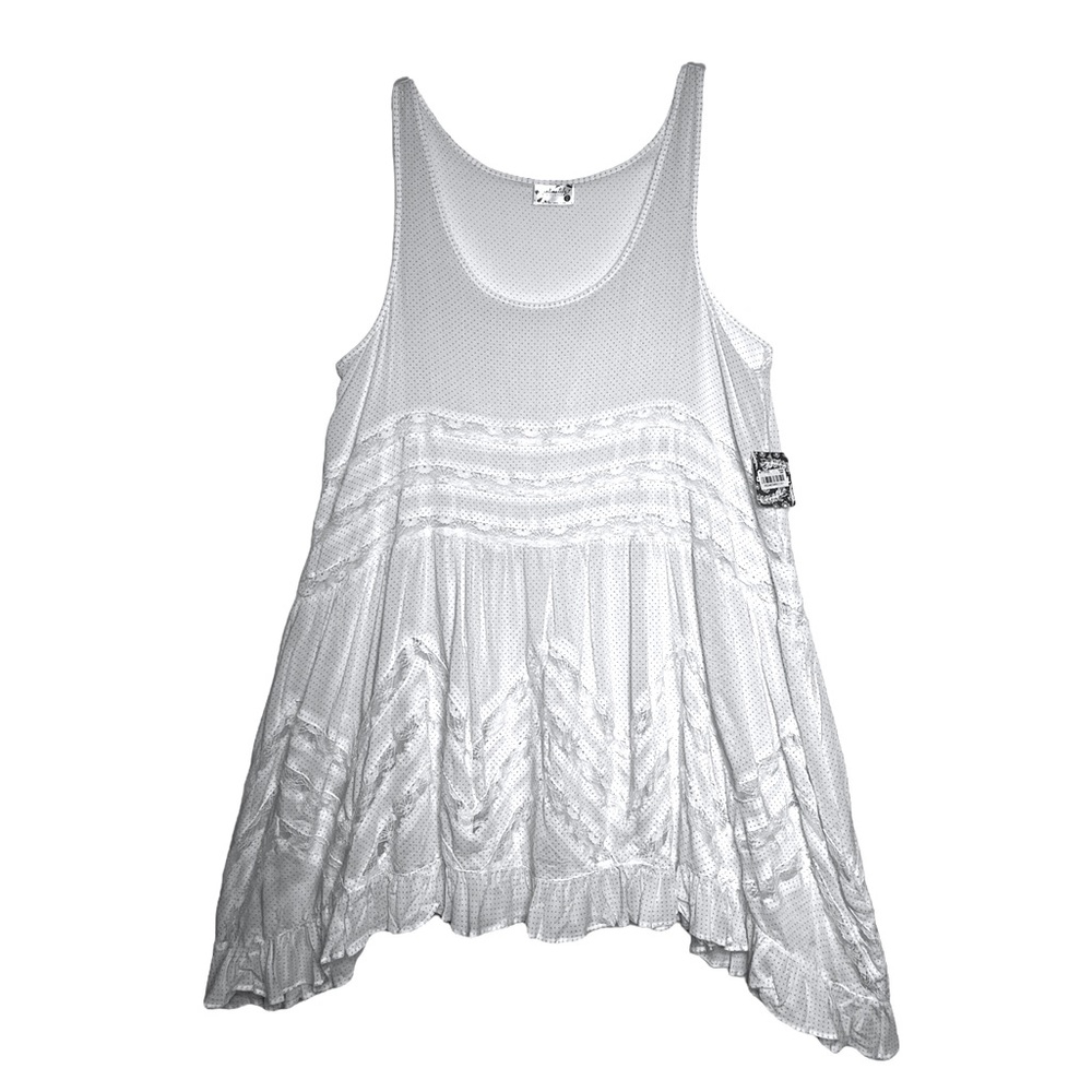 Free People Whit/Black dots Sleeveless Racerback Ruffle Sharkbite Lace top Sz M - Picture 2 of 9